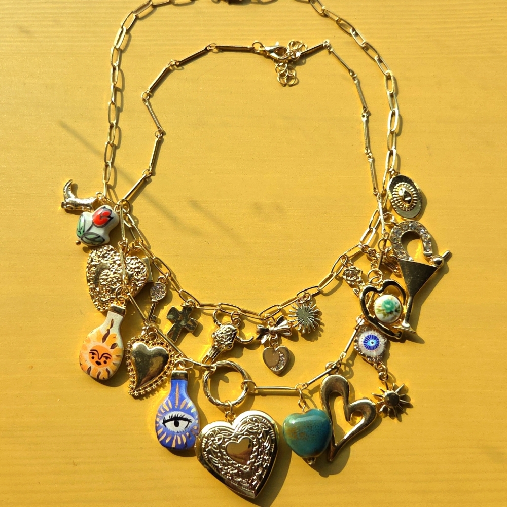 Gold-Tone Multi Charm Heart Necklace with Turquoise & Blue Accents
